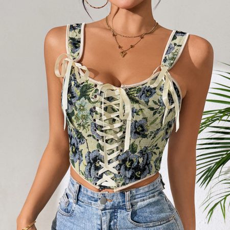 French Retro Printed Lace Up Corset Sexy Vest