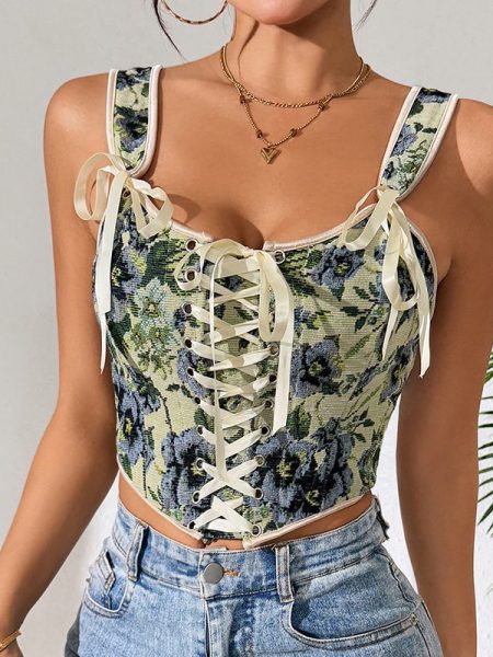 French Retro Printed Lace Up Corset Sexy Vest