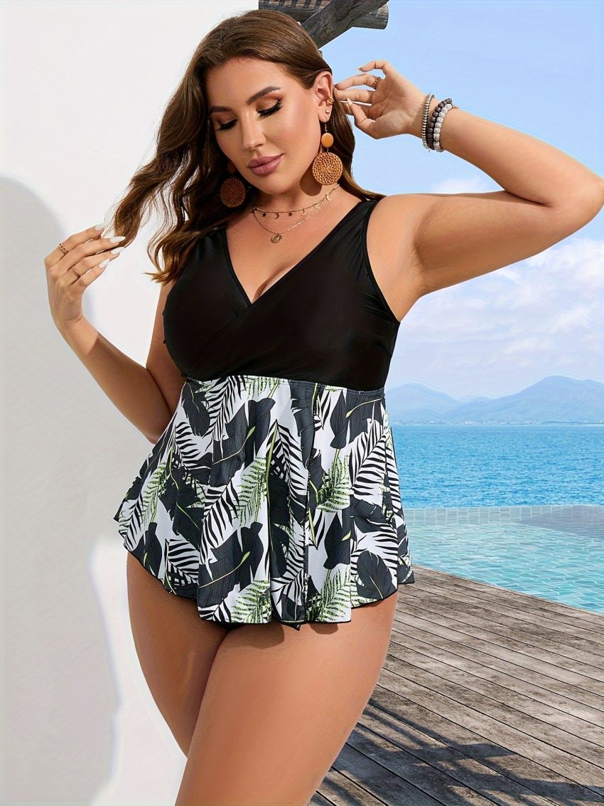 Women's Large-size Tankini Set With Tropical Print - Swimsuit Set For Vacation Style.