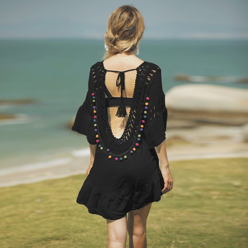Women's Sexy Backless Hook Hollow Hair Ball Tassel Bikini Cover-up