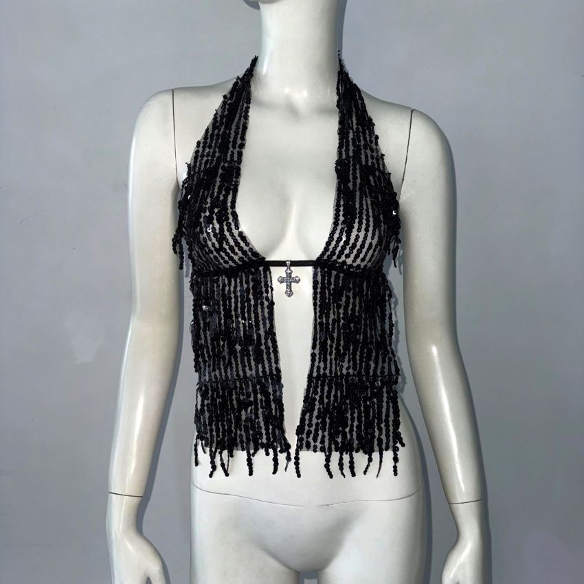 Halterneck With Suspenders Top Sequined Lace-up Tight Vest