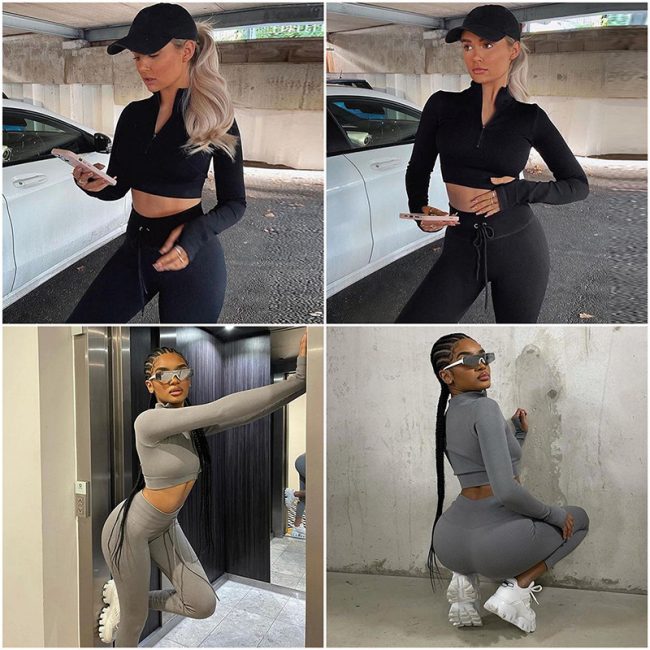 Drawstring Zipper Sports Long Sleeve Workout Clothes Suit