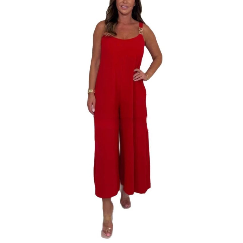 Solid Color Casual Sling Wide Leg Jumpsuit