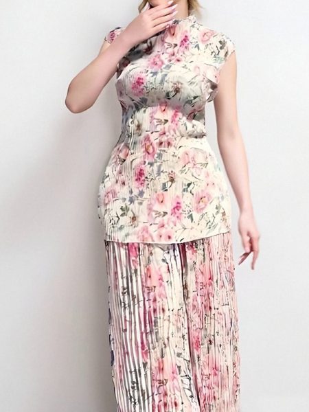 Long Sleeve Printed Chiffon Dress High Waist