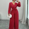 Casual Lace-up Solid Color Cross High Waist V-shaped Pleated Jumpsuit