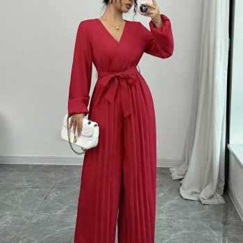 Casual Lace-up Solid Color Cross High Waist V-shaped Pleated Jumpsuit