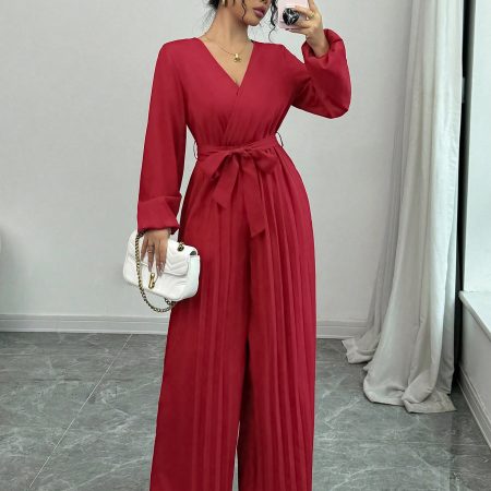 Casual Lace-up Solid Color Cross High Waist V-shaped Pleated Jumpsuit