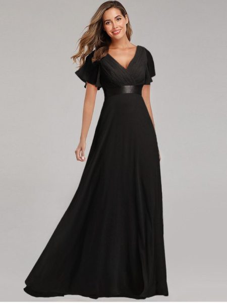 Elegant V-Neck Flared Sleeve Chiffon Maxi Dress For Women - Stretchy A-Line Party Evening Gown With Handmade Pleats
