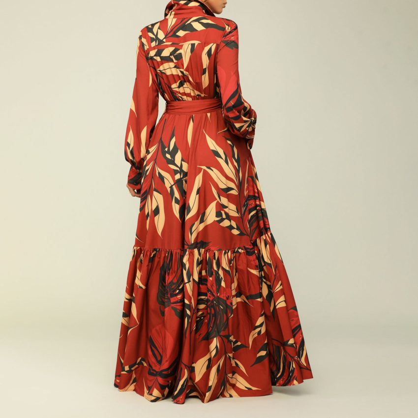 Lapel Lace-up Printed Long Sleeve Shirt Skirt Long Dress