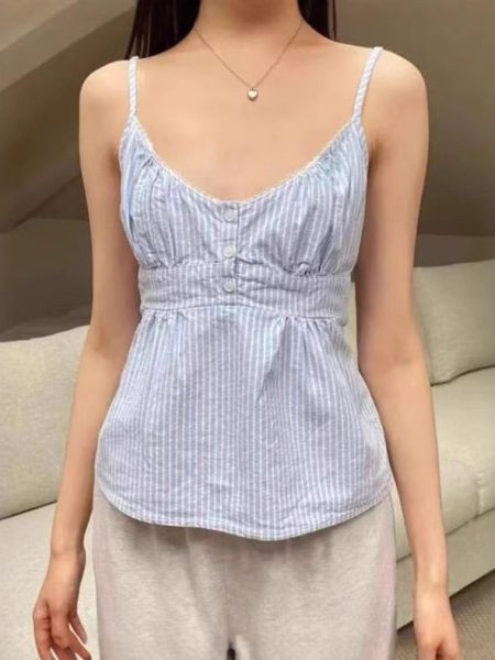 Blue And White Striped Lace V-neck Lace-up Camisole