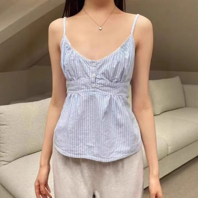 Blue And White Striped Lace V-neck Lace-up Camisole