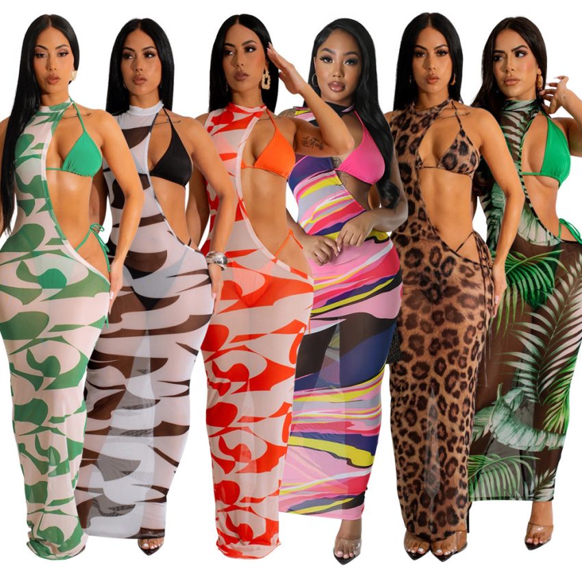 Women's Summer Digital Printed Mesh Dress Bikini Three Piece Set - Flowing Beach Cover With Irregular Hem And Transparent Layering