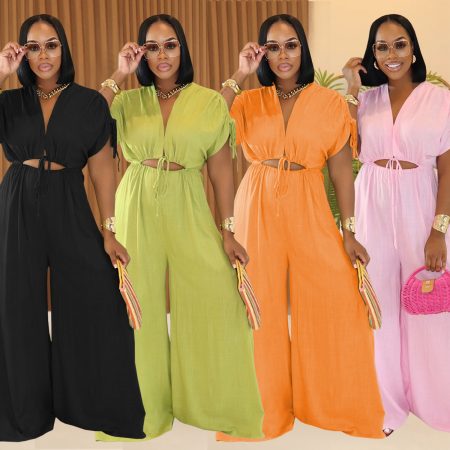 Women's Casual V-neck Lace-up Wide-leg Jumpsuit