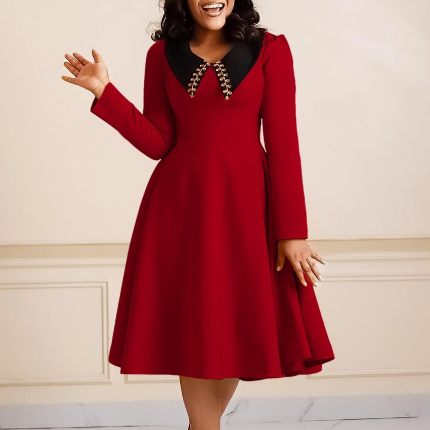 Long Sleeve Lapel Elegant Slimming Large Hem Dress
