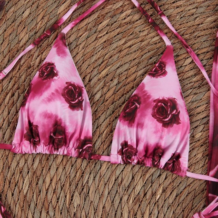 Women's Casual Rose Print Bikini Dress Suit