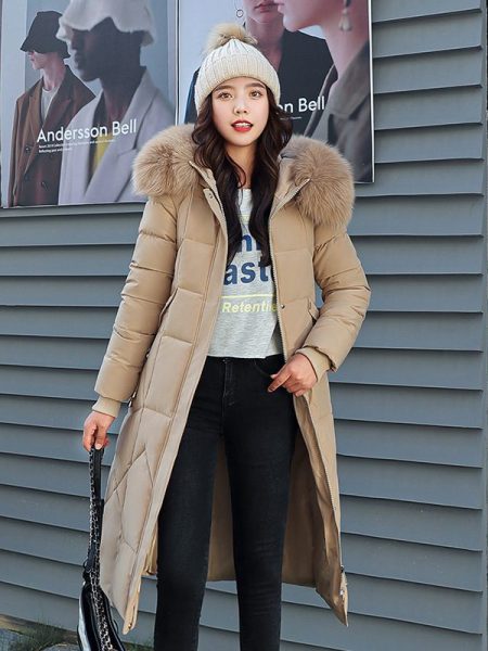 Waist-in-knee Padded Quilted Jacket With Thick Fur Collar