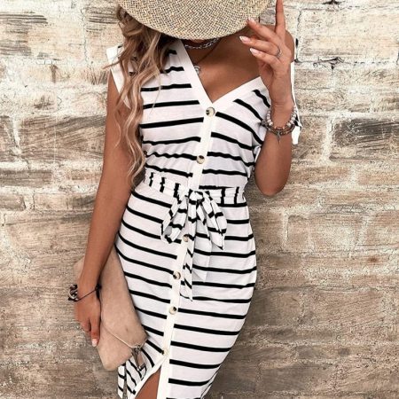 Striped Lace-up Cardigan Single-breasted Split Dress