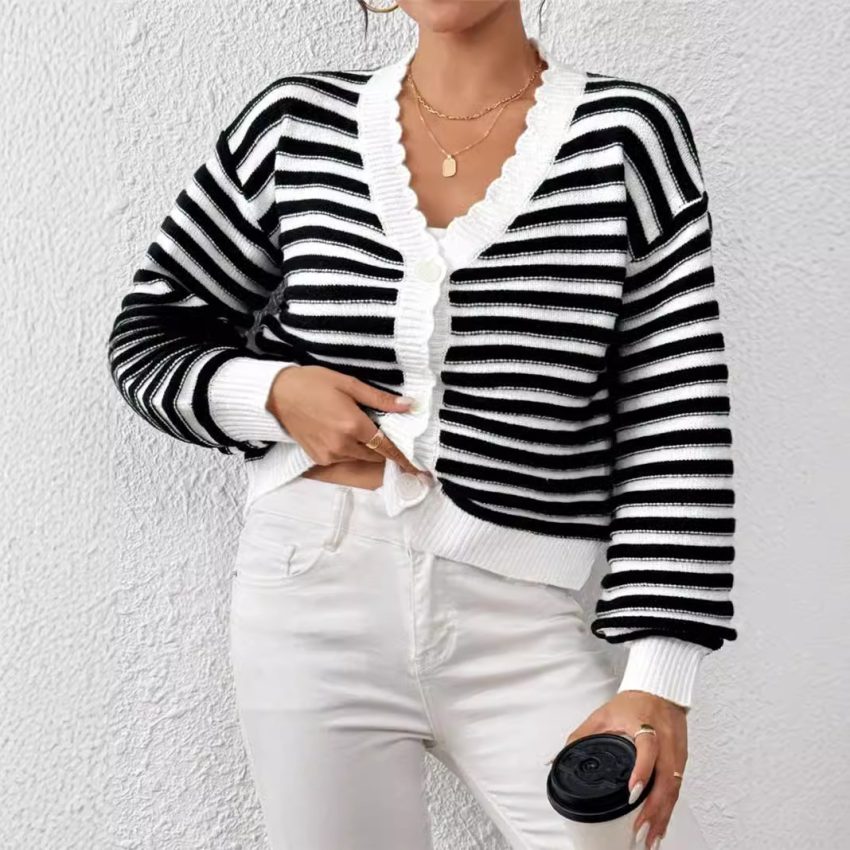 Knitted Cardigan Colorblock Sweater Coat Women's Rainbow Striped Lantern Sleeve