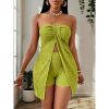 Women's 2 Piece Outfits Elegant Textured Strapless Ruched High Slit Tube Top And High Waist Skinny Shorts Shorts Set