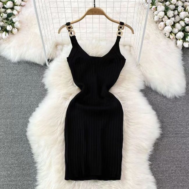 Metal Decorative Sling Woolen Skirt Slimming Hip Knitwear Dress