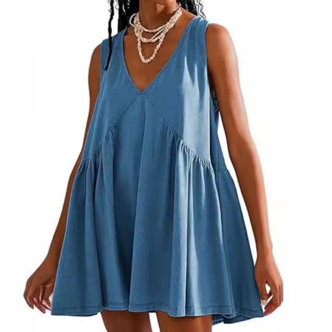 V-neck Sleeveless Pleated Vest Pocket Dress