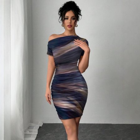Elegant Tie-dyed Short-sleeved Women's Dress Slim-fit Slimming Sheath