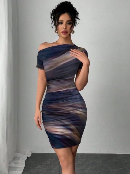 Elegant Tie-dyed Short-sleeved Women's Dress Slim-fit Slimming Sheath