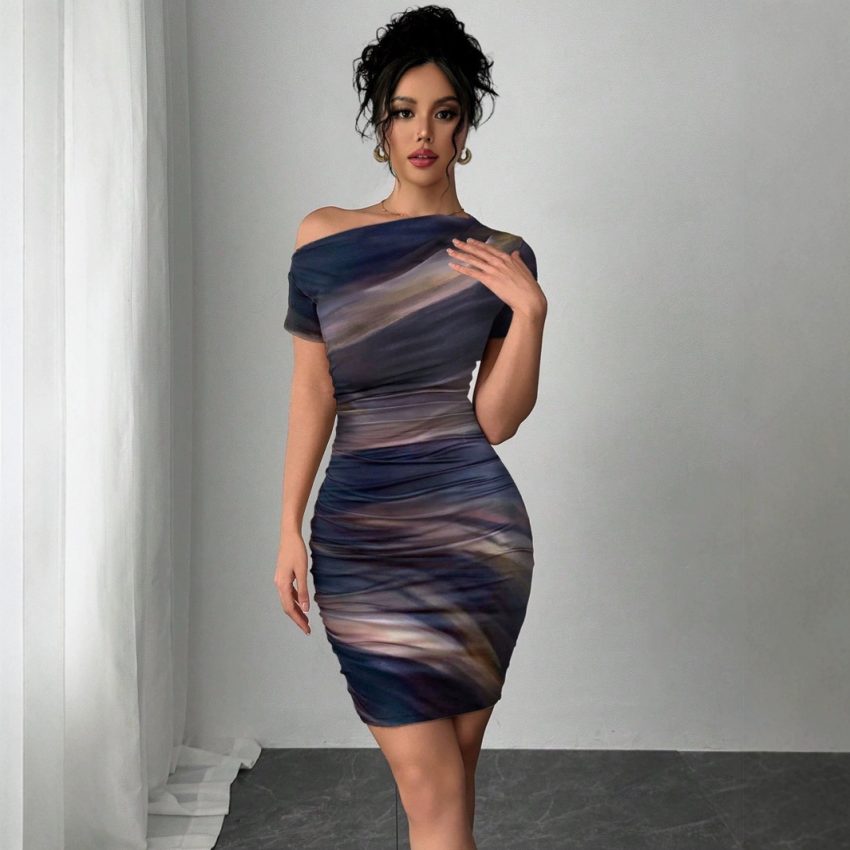 Elegant Tie-dyed Short-sleeved Women's Dress Slim-fit Slimming Sheath