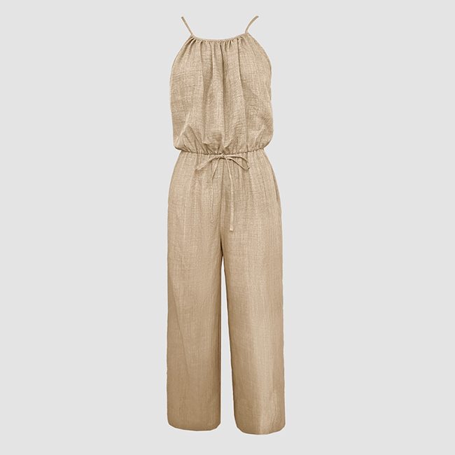 Women's Elegant Sleeveless Solid Color Jumpsuit - Wide Leg With Drawstring Waist, Shoulder-Baring Style For Spring&Summer