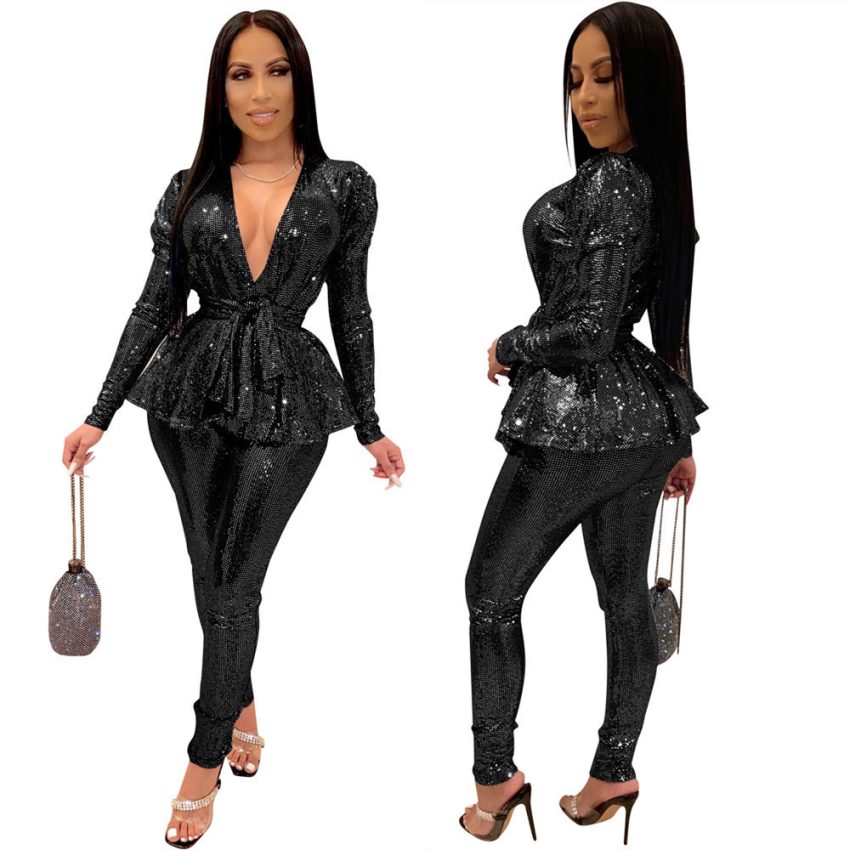 Women's Slim-fit Fashion Bronzing Long-sleeved Two-piece Suit
