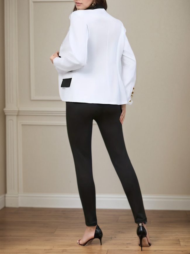 2025 Black And White Two-piece Pants Set, Casual Double Row Button Front Suit Jacket And Straight Leg Pants, Fashionable Women's Clothing