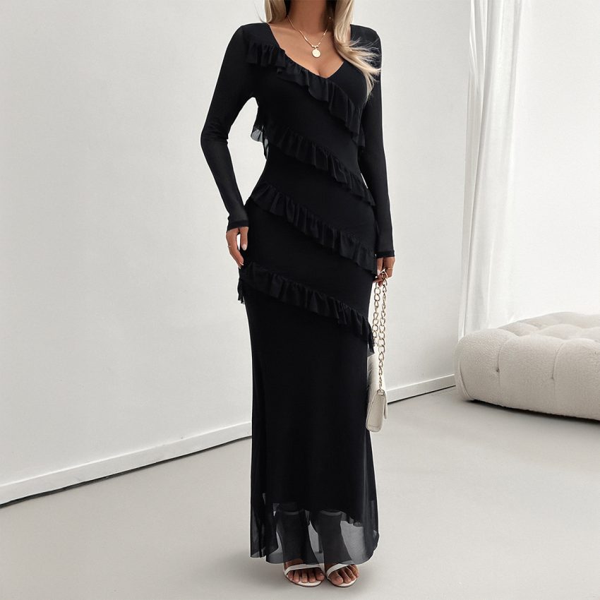 Women's Elegant Slim Fit Mesh V-neck Dress