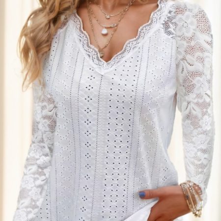Contrast Lace V-neck Eyelet T-Shirt