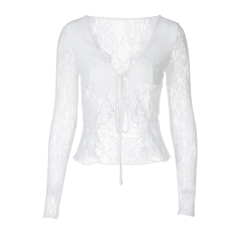 Sexy Lace See-through V-neck Cardigan Lace-up Long Sleeve Top