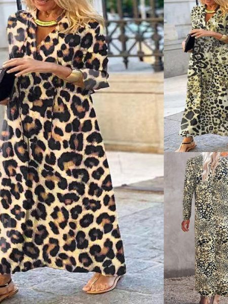 Leopard Print Leisure Pullover Elegant Long Sleeve Blouse Dress