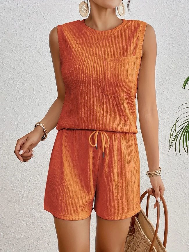 Solid Color Sleeveless Round Neck Vest Shorts Set