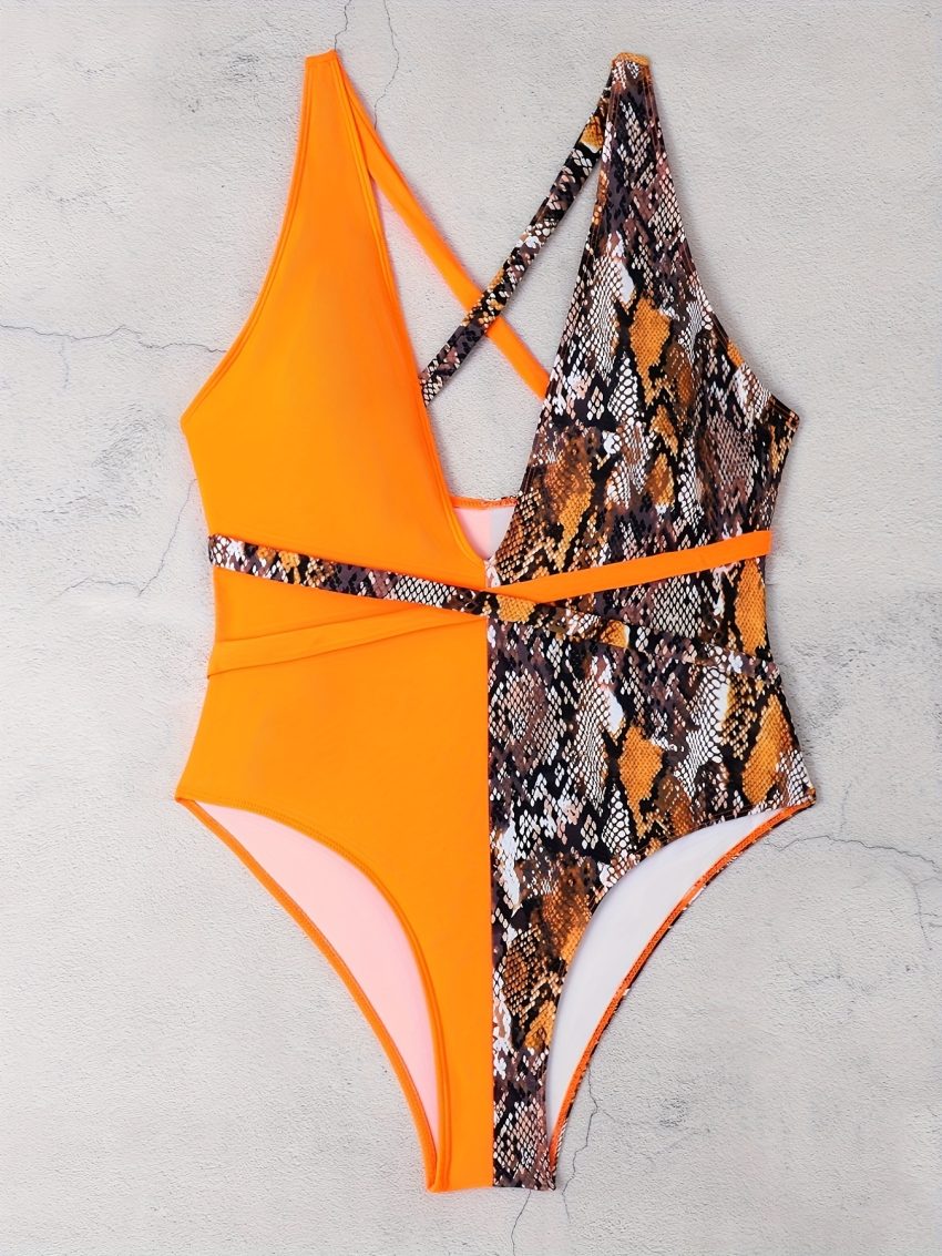Women's Large-size One-piece Swimsuit, Leopard Print, Color Matching, Asymmetric, Tie-one-piece Swimsuit, Backless Sexy Vacation Style