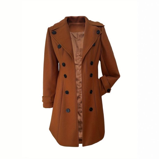 Elegant Women's Solid Color Double Breasted Woolen Coat