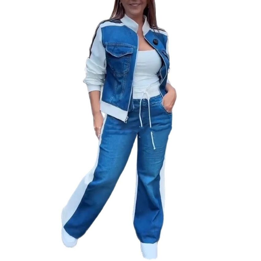 Women's Fashion Denim Stitching Long-sleeve Zipper Two-piece Set