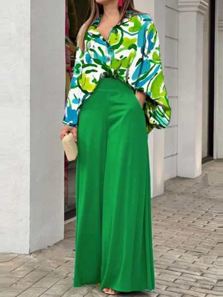 Women's Printed Shirt Wide Leg Pants Fashion Casual Set