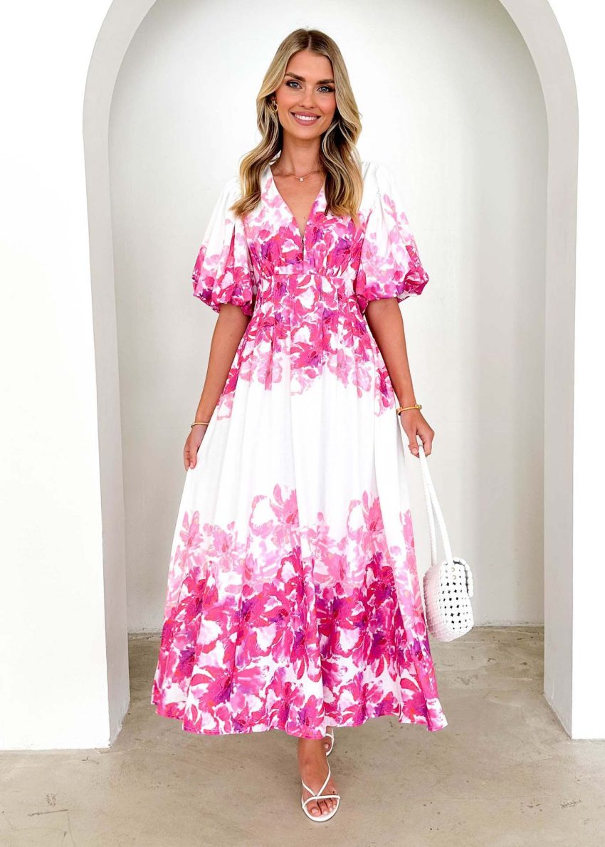 Spaghetti-strap Floral Print Fairy Mid-length Elegant Big Hem Dress