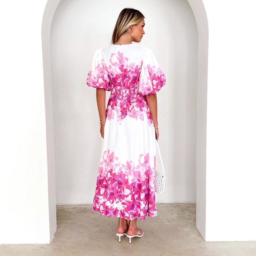 Spaghetti-strap Floral Print Fairy Mid-length Elegant Big Hem Dress