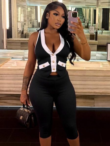 Women's Contrast Color V-neck Gold Button Halter Backless Top Tight Cropped Trousers Suit