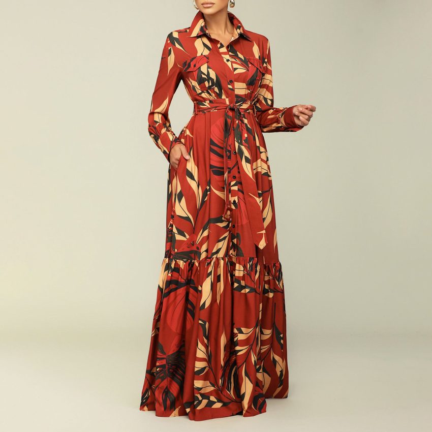 Lapel Lace-up Printed Long Sleeve Shirt Skirt Long Dress
