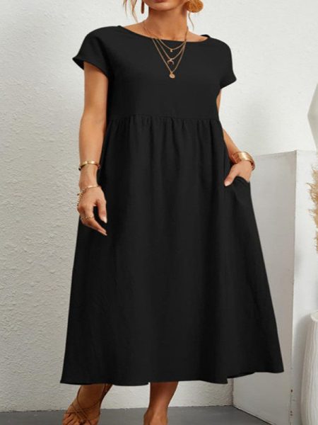 European And American Solid Color Sleeveless Loose Cotton Linen Pocket Dress