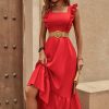 One Shoulder High Slit Satin Dress No Belt