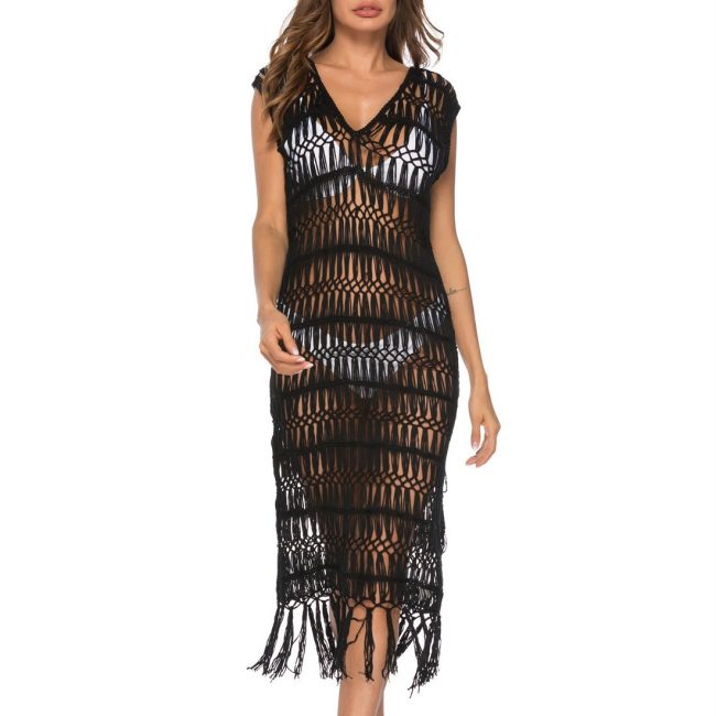 Long Skirt Hollow-out Beaded Shirt Hand Crocheting V-neck Bikini Beach Cover