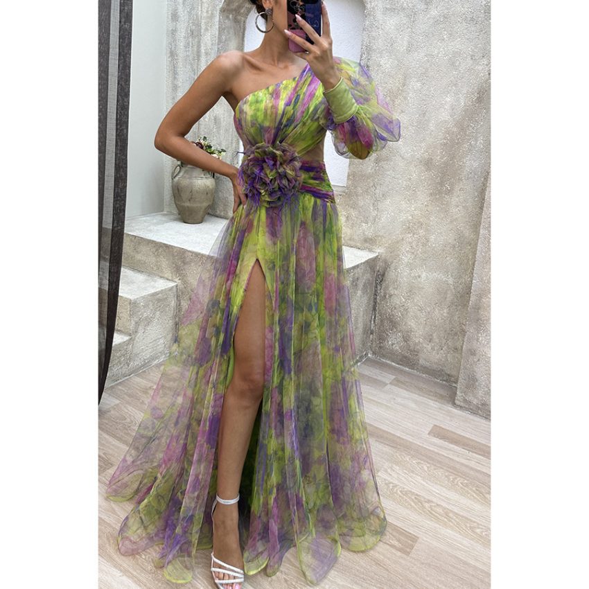 New Party Mesh Slanted Shoulder Dress INS Casual And Fashionable Women's Long Skirt