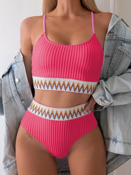 Women's Bikini Set Two Piece Swimsuits High Waisted Scoop Neck Spaghetti Adjustable Straps Textured