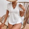 Summer New Flounced Sleeve Lace V-neck Stitching Hollow Jacquard Short-sleeved Top
